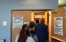 (THOMAS WALLNER | THE GRAHAM LEADER) Audience members enter the 427th Criminal District Courtroom presided over by Judge Tamara Needles. A hearing was held Wednesday, Oct. 1 for a change from inpatient to outpatient status for Kendrex White who was found not guilty by reason of insanity for the May 2017 murder of Harrison Brown and assault of three other students.