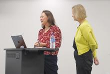 (THOMAS WALLNER | THE GRAHAM LEADER) Corgan Principal Susan Smith and Associate Principal Beverly Fornof (at left) gives an overview of comprehensive facility assessment and long-range facility planning process during the Graham ISD Board of Trustees meeting Wednesday, Oct. 8. 