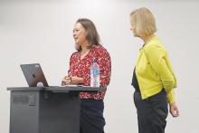 (THOMAS WALLNER | THE GRAHAM LEADER) Corgan Principal Susan Smith and Associate Principal Beverly Fornof (at left) give an overview of comprehensive facility assessment and long-range facility planning process during the Graham ISD Board of Trustees meeting Wednesday, Oct. 8.