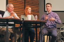 (THOMAS WALLNER | THE GRAHAM LEADER) Headwaters Site Development Senior Project Development Manager Curtis Miller (at right) answers questions during a meeting held by Concerned Citizens of Young County regarding a data center.