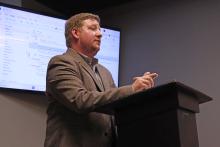 (THOMAS WALLNER | THE GRAHAM LEADER) Dalton Aiken with Public Management Inc. goes over aspects of the planning process for the city comprehensive plan. The city will work with the company along with others to develop a plan for the future of Graham.