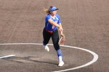(ALEX HAVARDANSKY | THE GRAHAM LEADER) Pitcher Ruby Shaffer takes the mound for the Lady Blues in the top of the first inning during their Tuesday, April 1 matchup against the Lady Rams. Graham defeated Mineral Wells 6-5.
