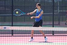 (RYAN SCHMIDT | CONTRIBUTED PHOTO) The Lady Blues saw multiple strong performances in their district tournament matches April 23-24 in Brownwood. Jade Dospapas finished second in the girls singles tournament, Stacey Gonzalez (shown above) finished fourth and Kline Krupp and Heather Wright finished fourth in the girls doubles tournament.