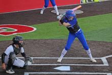 (ALEX HAVARDANSKY | THE GRAHAM LEADER) Hadleigh Allen prepares to swing at a ball in one of the Lady Blues’ previous matchups. 