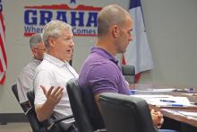 (THOMAS WALLNER | THE GRAHAM LEADER) Graham Economic Improvement Corporation Board of Directors Chair Jack Graham speaks with the board regarding a business expansion proposal from Graham Friends of The Arc. The board approved a funding a portion of the rehabilitation and remodeling of their building at 611 South St.