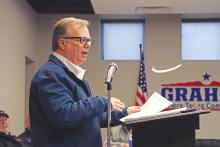 (THOMAS WALLNER | THE GRAHAM LEADER) City Manager Eric Garretty speaks to the Graham City Council and members of the public in attendance at a budget meeting held Thursday, Feb. 13. Budget discussions have been ongoing for the council since that meeting as they approach a September budget deadline.