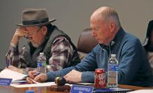(THOMAS WALLNER | THE GRAHAM LEADER) Graham City Council members Jeff Dickinson and Jack Little look over budget documents during a budget meeting held Thursday, Feb. 13. The city will host another budget workshop at 6 p.m. Thursday, May 22.