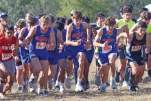 (KYLIE BAILEY | THE GRAHAM LEADER) The Graham Steers varsity cross country team takes off Wednesday, Sept. 10, in the Glen Rose Invitational. The team finished seventh as a whole out of 13 teams in the three mile run. 