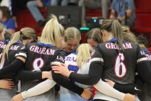 (ALEX HAVARDANSKY | THE GRAHAM LEADER) The Lady Blues huddle prior to their Bi-District matchup Thursday, Oct. 30, against the Frenship Memorial Lady Panthers. The Lady Blues lost this matchup in three sets ending their season.