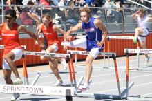 (ALEX HAVARDANSKY | THE GRAHAM LEADER) Andon Masterfield runs in the 110 meter hurdles Thursday, March 12. Masterfield finished in first  place in the event at the Brad Legan Family and Friends Invitational. 