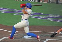 (ALEX HAVARDANSKY | THE GRAHAM LEADER) Tripp Mahaney makes contact with a pitch Thursday, May 22 against the Brock Eagles. Mahaney was selected to represent team Texas in the High Plains Shootout tournament.