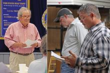 (THOMAS WALLNER | THE GRAHAM LEADER) At left, Wayne Christian speaks to the Rotary Club of Graham regarding the proposed data center project in Young County. At right, Ryan Mote and Travis Kunkel speak to the community at a public event for the opposition group for data centers in Young County held Tuesday, Nov. 4. 