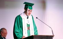 (ALEX HAVARDANSKY | THE GRAHAM LEADER) Benjamin Burk speaks as class salutatorian Friday, May 23 at the Newcastle High School graduation ceremony.