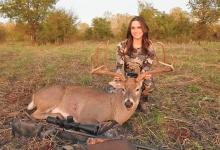 (RON EISELE | CONTRIBUTED PHOTO) Grahamite Lilly Cusenbary displays the buck of a lifetime she hunted in southeast Young County. Cusenbary now lives in Wyoming but made the trip back to Texas for deer season.