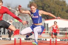 (KYLIE BAILEY | THE GRAHAM LEADER) Andon Masterfield and the rest of the Steers varsity team got to show off their skills in the track and field season opener at the Ram Relays in Mineral Wells held Saturday, Feb. 22. Masterfield and other Steers ran away with first place in multiple events.