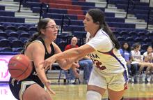 (ARCHIVE PHOTO | THE GRAHAM LEADER) Maddyx Marin passes the ball to a teammate in one of the Lady Blues’ previous matchups. Marin scored 12 points in the Lady Blues’ 38-29 win Thursday, Jan. 22 against the Mineral Wells Lady Rams. 