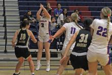 (ALEX HAVARDANKSY | THE GRAHAM LEADER) Mayci Ryans shoots a three pointer from the corner Tuesday, Nov. 11 against the Haskell Lady Indians. Ryans was a valuable contributor in the scoring department as the Lady Blues went on to beat the Lady Indians 61-51 in their season opener. 