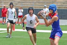 (ALEX HAVARDANSKY | THE GRAHAM LEADER) Walker Bennett catches a touchdown Saturday, May 31 in the Steers state qualifier game against Gatesville. After a breakout day in Brownwood, Bennett continues to be a threat in the passing game.