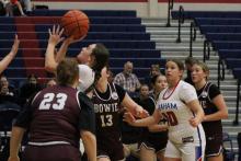 (ALEX HAVARDANSKY | THE GRAHAM LEADER) McKynley Corley puts the ball up for a layup Thursday. Nov. 20 against the Bowie Lady Rabbits. Corley was one of the opening scorers for the Lady Blues in their 48-13 victory. 