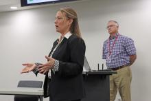 (THOMAS WALLNER | THE GRAHAM LEADER) Graham ISD Chief Academic Officer Janel Madeley speaks with the GISD Board of Trustees board along with Assistant Superintendent Robert Loomis regarding the in-progress 2026-2027 school year calendar.