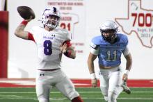 (ALEX HAVARDANSKY | THE GRAHAM LEADER) Jace Gill looks to throw down field Friday, Nov. 28 against the Midland Greenwood Rangers. Gill connected with Brodie Martin late in the game for a passing touchdown in the team’s 36-21 loss.