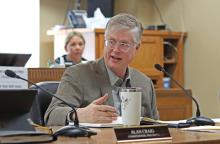 (THOMAS WALLNER | THE GRAHAM LEADER) Young County Judge Win Graham speaks Monday, March 10 with the commissioners court. The commissioners voted Monday to hire a law firm to research a potential reinvestment zone for a solar project in Young County. 