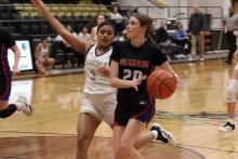 (ALEX HAVARDANSKY | THE GRAHAM LEADER) Katy McGehee drives to the basket for a layup attempt in one of the Lady Blues’ previous matchups. McGehee scored seven points Tuesday, Jan. 6 in a 60-25 loss for the Lady Blues to the Eula Lady Pirates. 