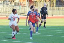 (MIKE WILLIAMS | THE GRAHAM LEADER) Sophia Schlieper scored the Lady Blues’ lone goal Monday night during the team’s 7-1 home loss to Wichita Falls High School.