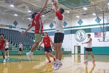 (ALEX KIELAR | BRECKENRIDGE AMERICAN) Guard Jagger Nees shoots a three from the left corner Tuesday, June 10 against the Olney Cubs. Nees has been the main distributor and facilitator for the offense.