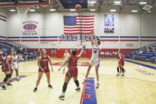 (MIKE WILLIAMS | THE GRAHAM LEADER) Lady Blues sophomore Emi Gordy led the team with seven points during the Lady Blues’ 36-26 season-ending loss Tuesday, Feb. 7 to Mineral Wells at Graham High School.