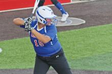 (ALEX HAVARDANSKY | THE GRAHAM LEADER) Gabriella Reyes stands ready at the plate for the Lady Blues during their game Tuesday, March 19 against the Stephenville Honeybees at Hogan Field.