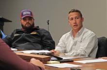(ARCHIVE PHOTO | THE GRAHAM LEADER) Jacob & Martin Project Manager Tristan King (at right) speaks with the Graham Parks Department Board of Directors during a February 2024 meeting. Jacob & Martin was approved to assist with the city with the scope and cost of a lead service line inventory.