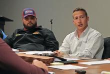 (THOMAS WALLNER | THE GRAHAM LEADER) Jacob and Martin Project Manager Tristan King (right) speaks with the Graham Parks Department Board of Directors during a February 2024 meeting. The company was approved in July to assist the city with the scope and cost of a lead service line inventory.