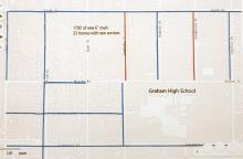 (CITY OF GRAHAM | CONTRIBUTED PHOTO) A map showing in blue are where PVC pipes have been installed in the city and in red are projects for Kentucky Street and Tennessee Street to replace waterlines. The project is estimated to cost $300,000 which will be used from existing funds in the Water Capital Fund.