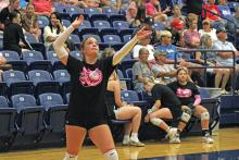 (ALEX HAVARDANSKY | THE GRAHAM LEADER) Hannah Hill serves for Graham’s second team Monday, June 16 against Perrin-Whitt. Graham went on to win this game 37-30.