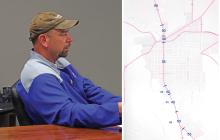 (CITY OF GRAHAM | CONTRIBUTED PHOTO) At left, Texas Department of Transportation Graham Area Engineer Zach Husen speaks with the Transportation Improvements Committee for the city of Graham during their meeting Thursday, April 3. At right, a map of proposed speed changes on Hwy. 16 in Graham as endorsed by the city of Graham for adjustment by the Texas Department of Transportation. 