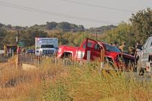 (THOMAS WALLNER | THE GRAHAM LEADER) A 2018 Chevrolet pickup and a 2020 Lincoln Continental collided near the first bridge on Hwy. 380 West outside Graham at approximately 6:54 p.m. Saturday, Aug. 24.