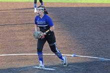 (ALEX HAVARDANSKY | THE GRAHAM LEADER) Zoey Harrell up on the mound for the Lady Blues in their matchup Tuesday, April 15 against the Lady Lions. Harrell dominated in the early innings of this contest for the Lady Blues.