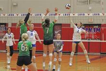 (ALEX HAVARDANKSY | THE GRAHAM LEADER) Katy McGehee tips a ball over the net Friday, Sept. 5. McGehee recorded eight kills against Iowa Park along with 17 digs. 