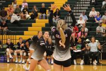 (ALEX HAVARDANSKY | THE GRAHAM LEADER) Kya Cooper sets up a pass Tuesday, Aug. 26, against the Lady Jackets. Cooper has solidified herself as a primary setter on the team.