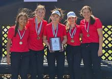 (GRAHAM ISD | CONTRIBUTED PHOTO) The Graham Lady Blues pose with their first place award from the Bluebonnet Invitational in Brownwood.