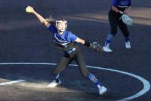(THOMAS WALLNER  | THE GRAHAM LEADER) Lady Blues pitcher Tiffany Cotter throws a pitch in a game earlier in the season. The Lady Blues fell 5-2 to the Glen Rose Lady Lions.
