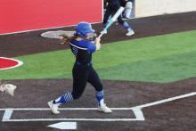 (THOMAS WALLNER | THE GRAHAM LEADER) Rudy Shaffer swings at a pitch from Brock during a previous game in the season. The Lady Blues fell Friday, April 3 to the Stephenville Honeybees.