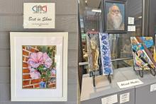 (GRAHAM ART GUILD | CONTRIBUTED PHOTOS) At left is the Best in Show winner at the Lake Country Art Show titled ‘Purple Passion’ by Kathleen Cunning. At right are entries into the Mixed Media category of the Lake Country Art Show. At top is the second place winner ‘Mark’ by Colleen Erickson. At bottom are the third and first place art entries from Cynthia Pinnell titled ‘Mystery’ and ‘Lillies.’