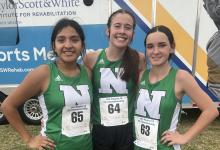 (CONTRIBUTED PHOTO | RYAN DOLLAR) The Newcastle cross country team which participated in the regional meet Monday, Oct. 23 in Grand Prairie. Pictured from left to right are senior Lenaya Gonzalez, junior Mattie Dollar and freshman Raelyn Bennett. Dollar competed at the 1A state cross country meet Friday, Nov. 3. 