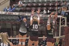 (ALEX HAVARDANSKY | THE GRAHAM LEADER) Madison Cauble goes up for a kill Tuesday, Sept. 9, against the Bowie Lady Rabbits. Cauble has been a primary offensive playmaker for the Lady Blues so far this season. 