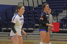 (ALEX HAVARDANSKY | THE GRAHAM LEADER) Makenzie Vacante lines up to return a serve Tuesday, Aug. 19 against the Lady Indians. Vacante serves the team as a defensive specialist.