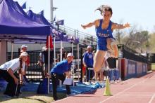 (THOMAS WALLNER | THE GRAHAM LEADER) Emerie Stogner was first in high jump and second in triple jump among 3A and 4A schools competing in the 78th annual PK Relays. Stogner placed first in high jump during the POJO Relays in Springtown held Thursday, March 26.