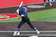 (THOMAS WALLNER | THE GRAHAM LEADER) Jansyn Louder steps up to the plate during a previous Lady Blues game in the season. The Lady Blues went up against the Brownwood Lady Lions and came away with a 5-2 win Monday, April 13.