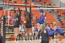 (ALEX HAVARDANSKY | THE GRAHAM LEADER) Rylee Moore hits a ball for a kill attempt Tuesday, Aug. 12. Moore has been a consistent front row hitter for the Lady Blues so far this season. 